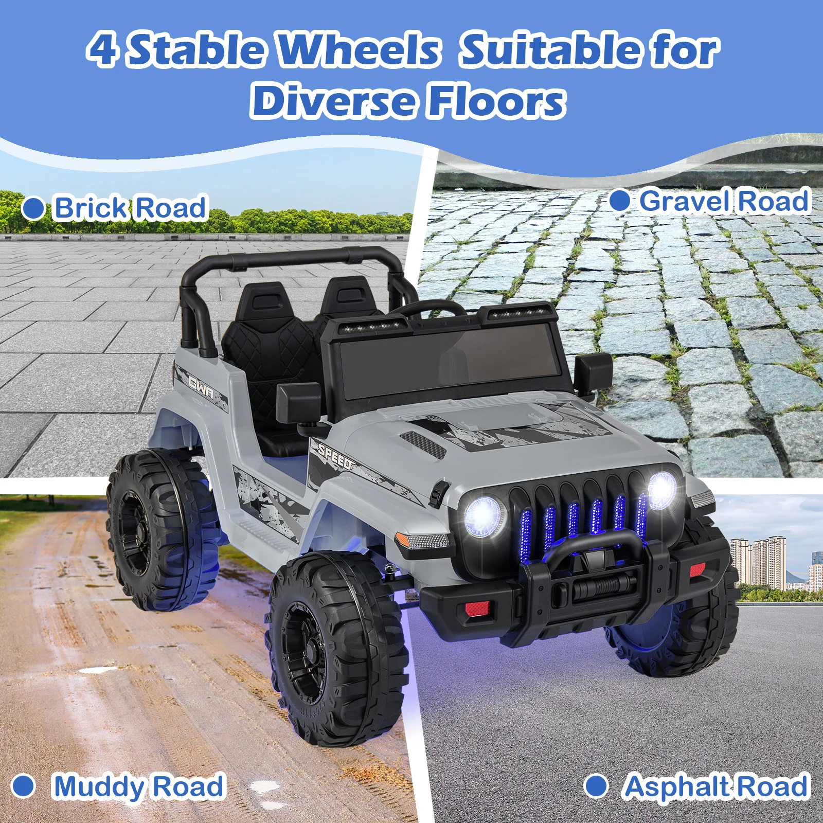 12V Kids Ride-on Jeep Car with 2.4 G Remote Control, Gray - Image 10