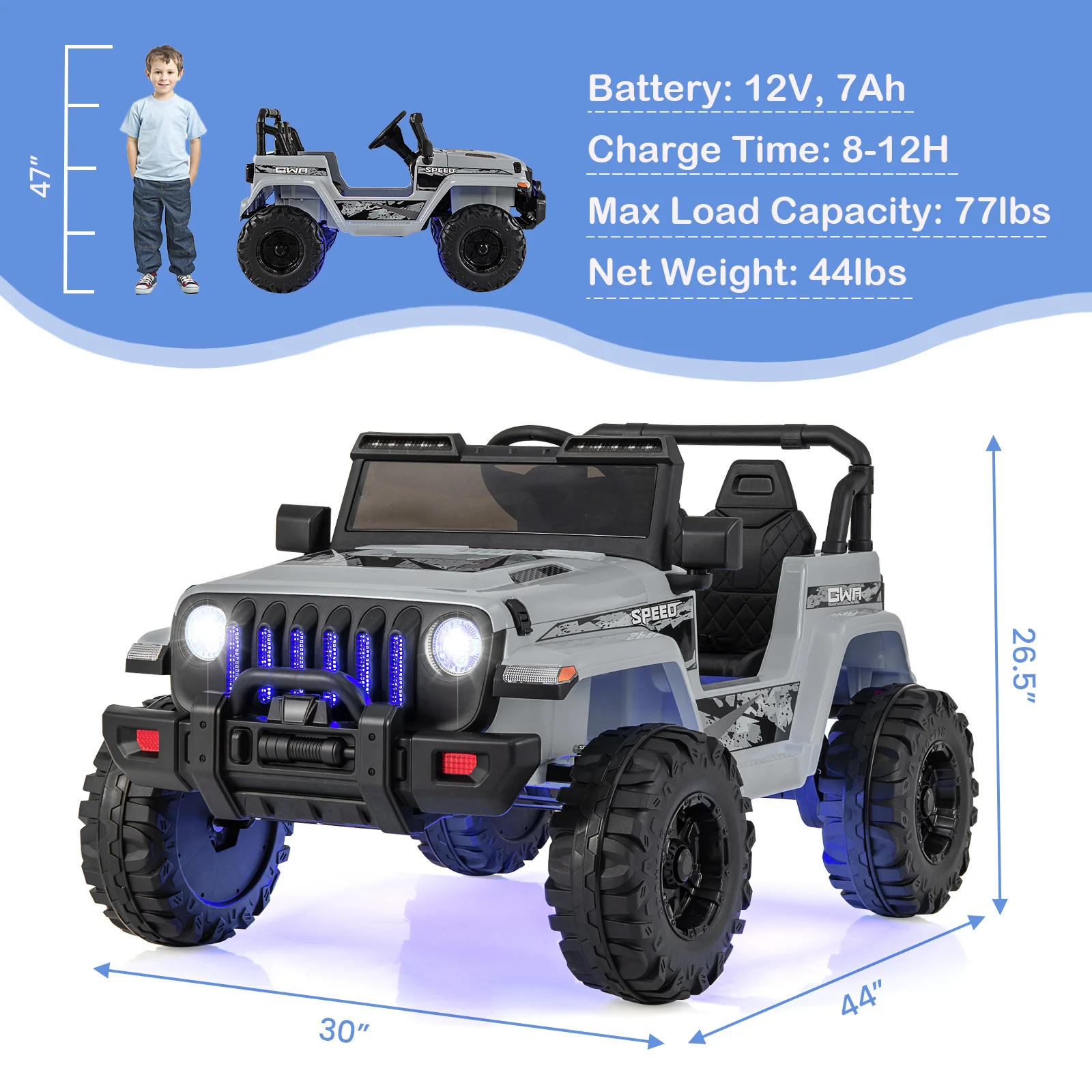 12V Kids Ride-on Jeep Car with 2.4 G Remote Control, Gray - Image 4