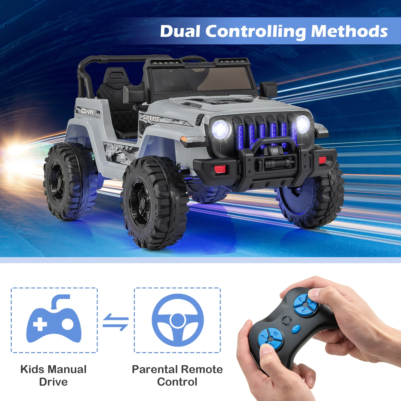 12V Kids Ride-on Jeep Car with 2.4 G Remote Control, Gray - Image 6