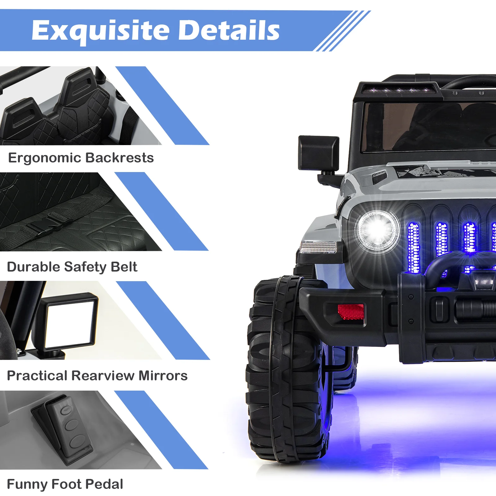 12V Kids Ride-on Jeep Car with 2.4 G Remote Control, Gray - Image 8