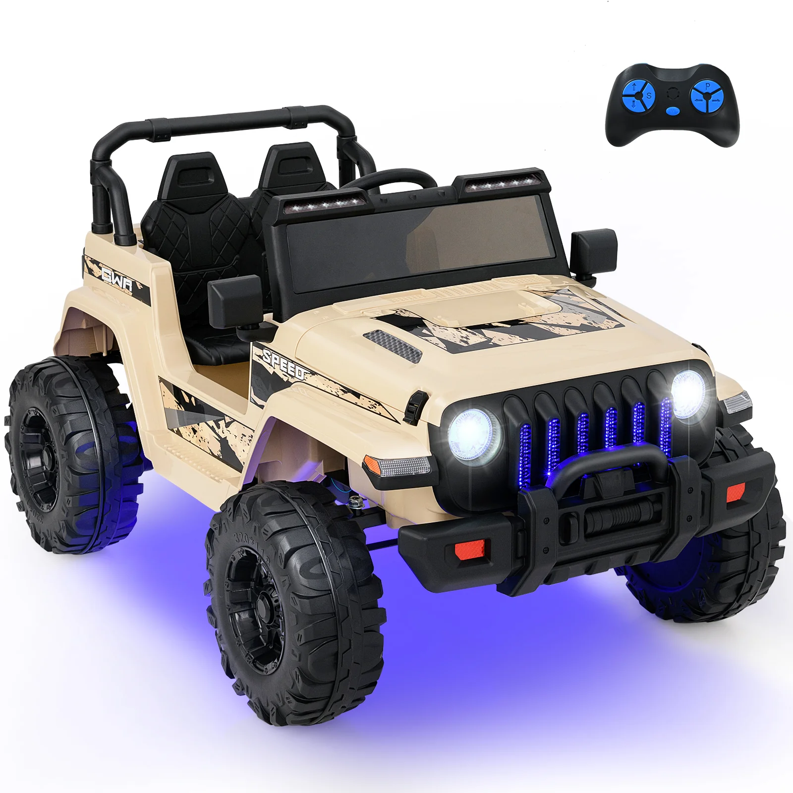 12V Kids Ride-on Jeep Car with 2.4 G Remote Control, Khaki