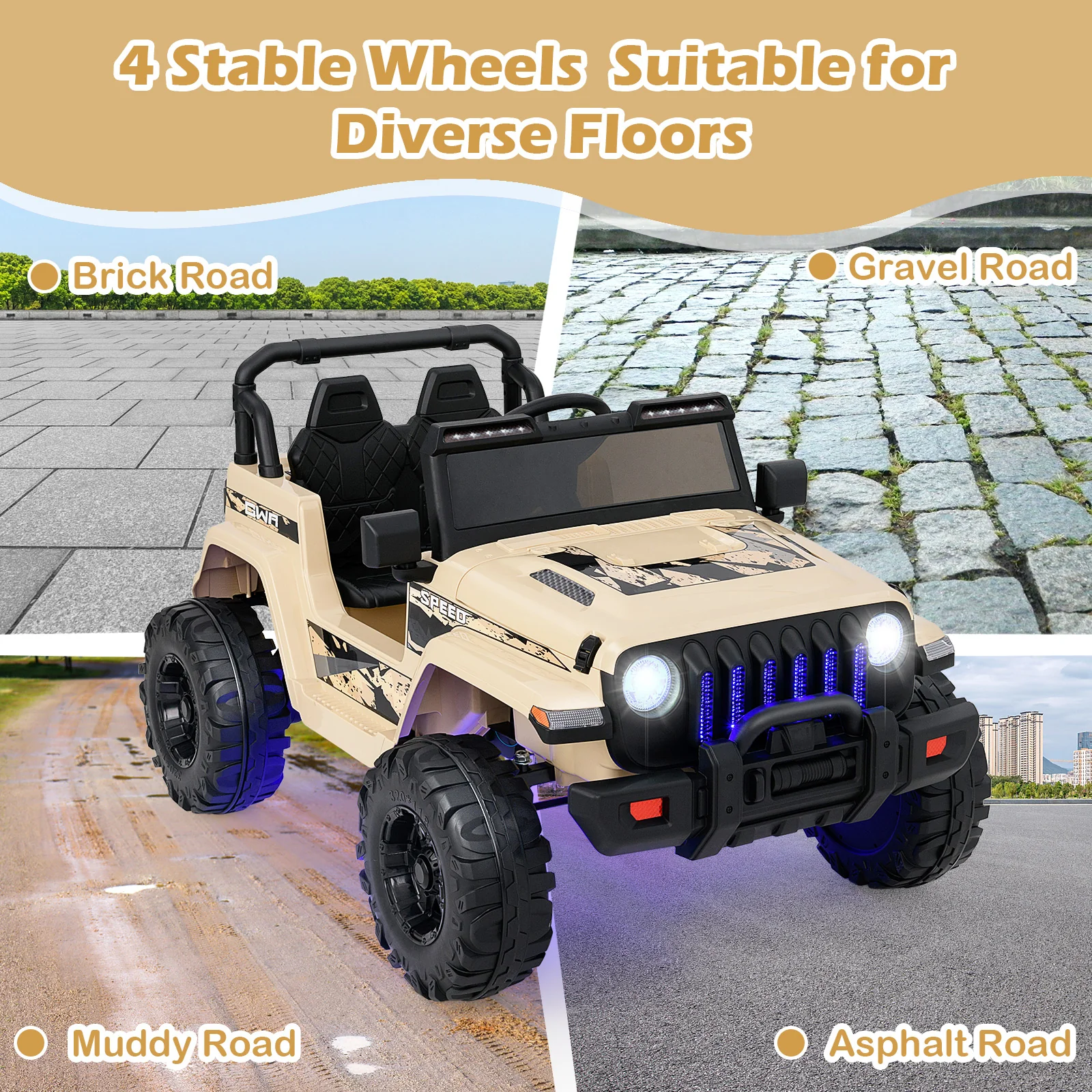 12V Kids Ride-on Jeep Car with 2.4 G Remote Control, Khaki - Image 10