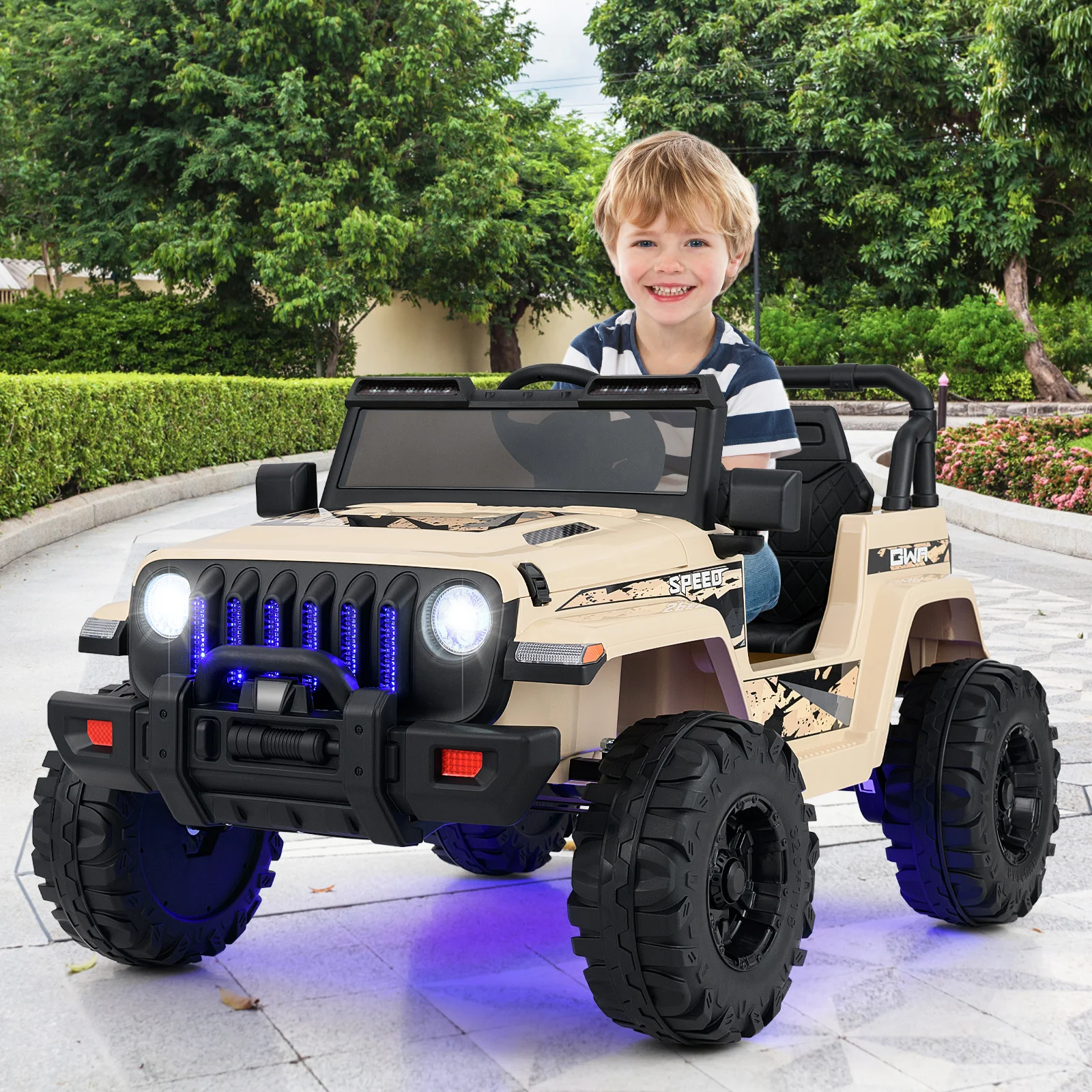 12V Kids Ride-on Jeep Car with 2.4 G Remote Control, Khaki - Image 2