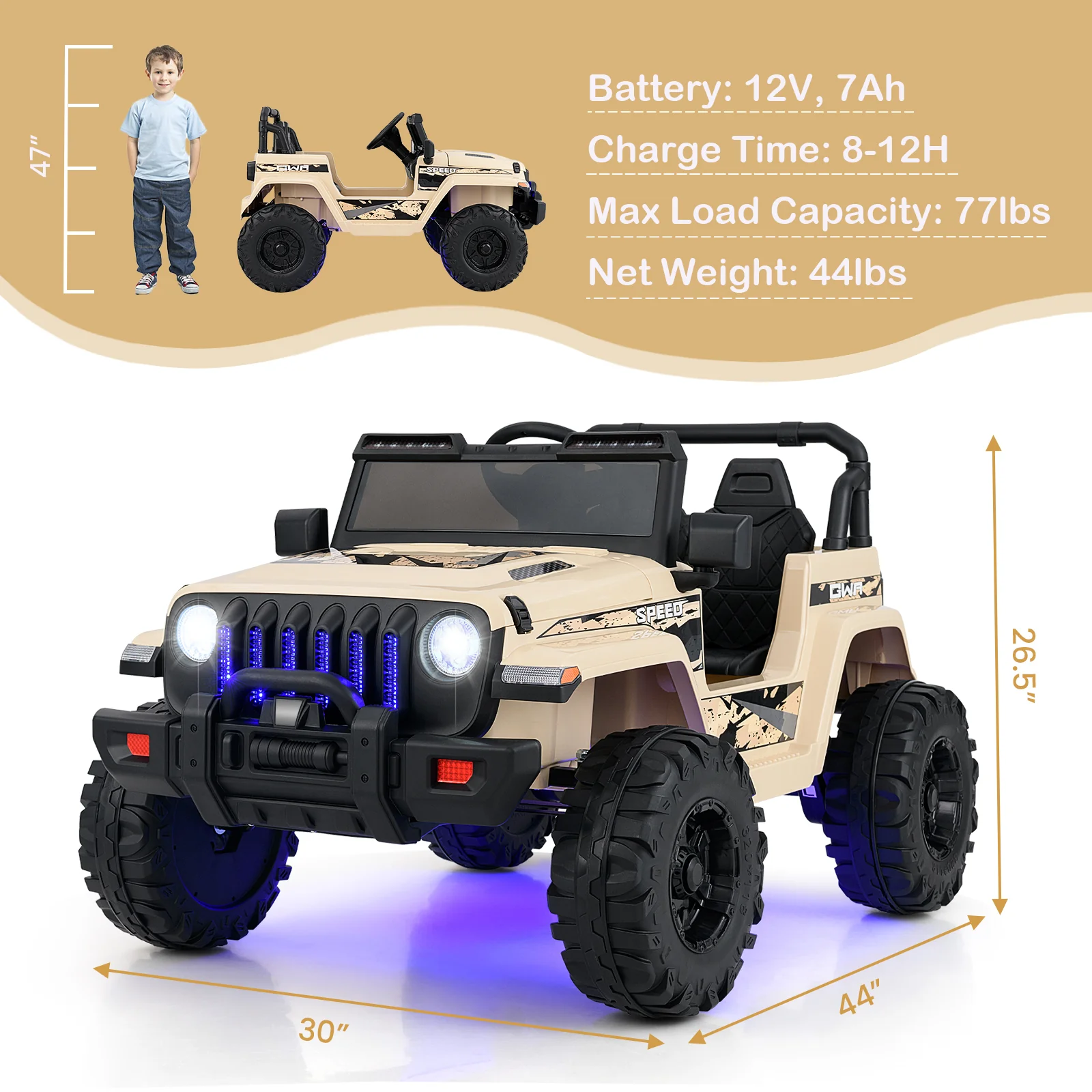 12V Kids Ride-on Jeep Car with 2.4 G Remote Control, Khaki - Image 4
