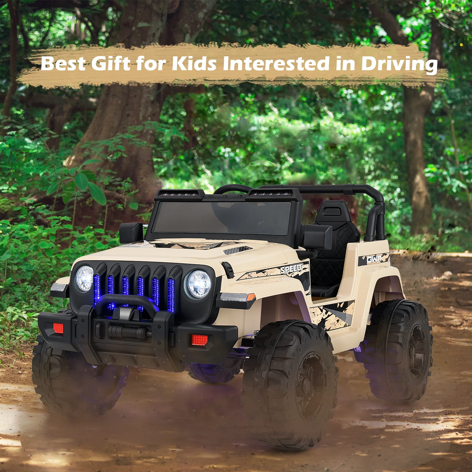 12V Kids Ride-on Jeep Car with 2.4 G Remote Control, Khaki - Image 5