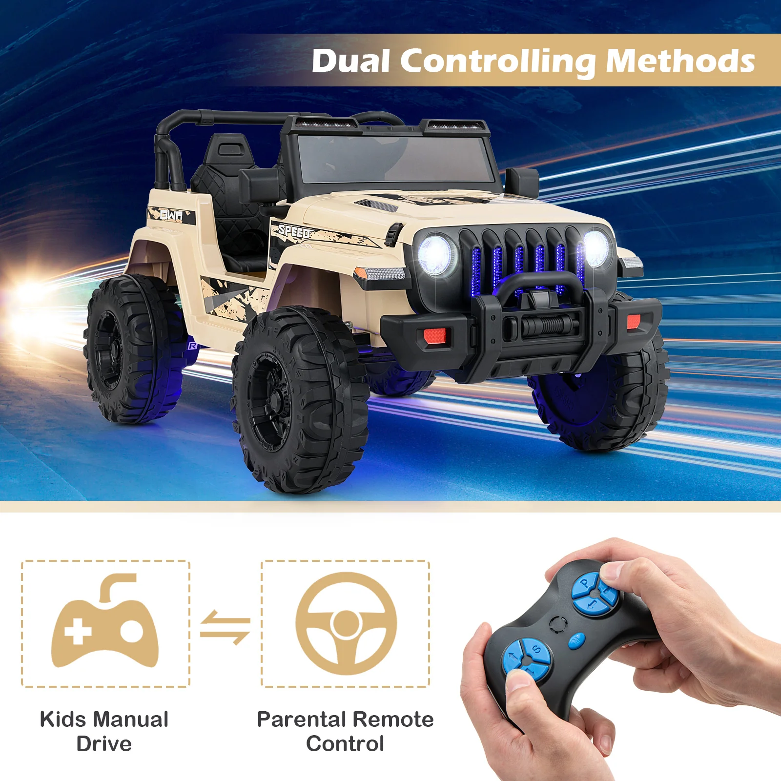 12V Kids Ride-on Jeep Car with 2.4 G Remote Control, Khaki - Image 6