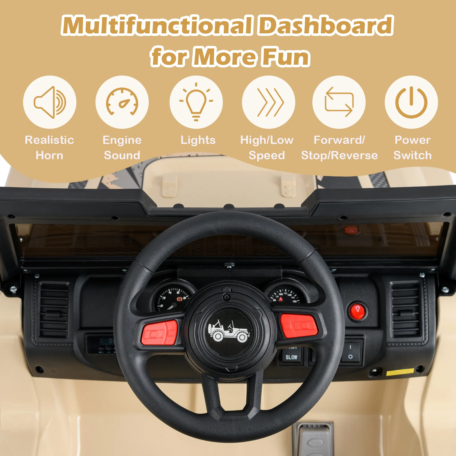 12V Kids Ride-on Jeep Car with 2.4 G Remote Control, Khaki - Image 7