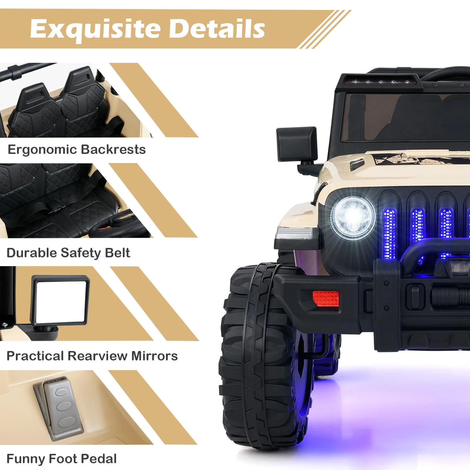 12V Kids Ride-on Jeep Car with 2.4 G Remote Control, Khaki - Image 8