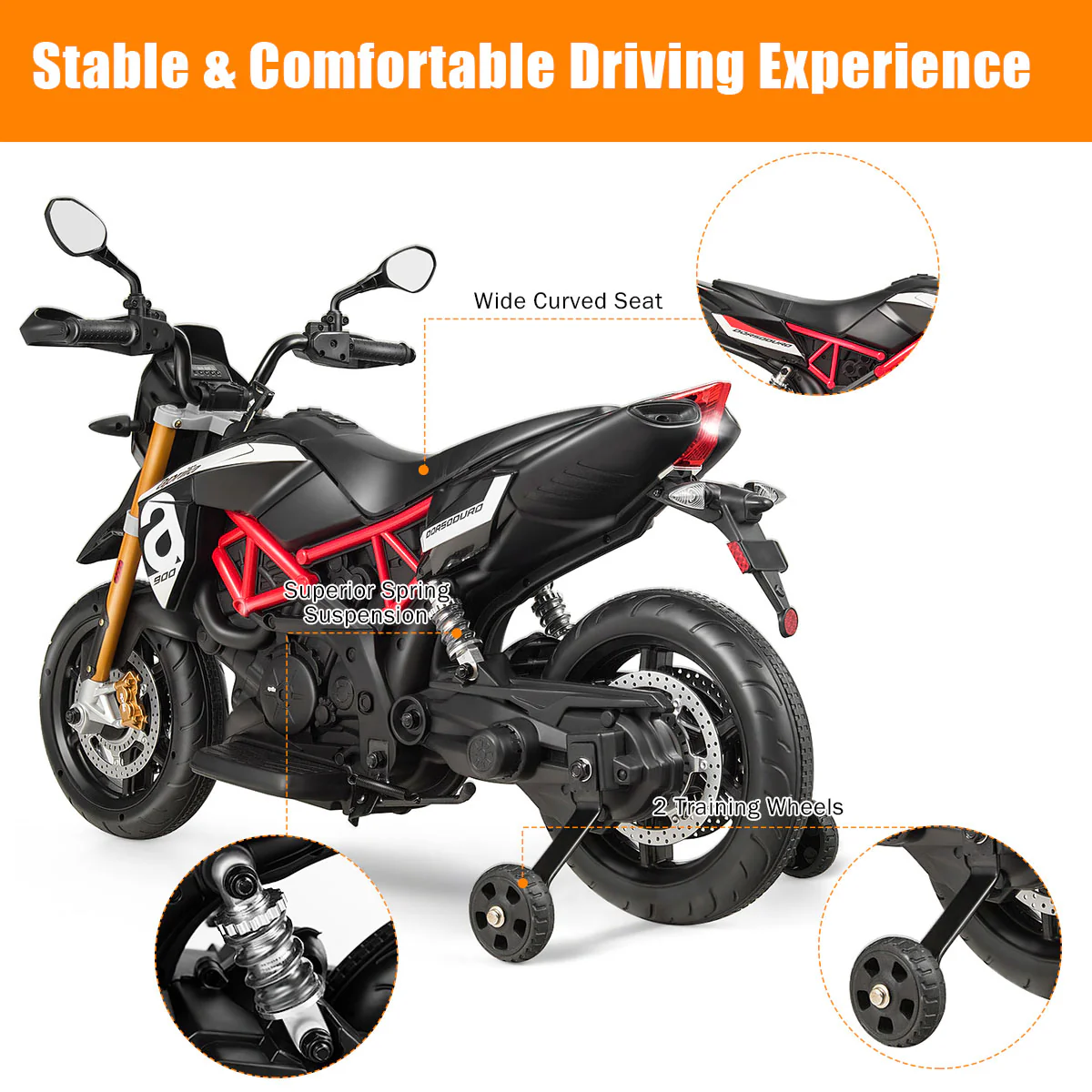 12V Kids Ride-On Motorcycle, With Sounds And Music, Black - Image 6