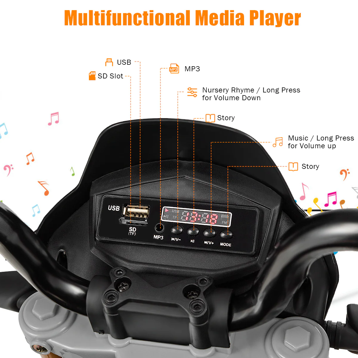 12V Kids Ride-On Motorcycle, With Sounds And Music, Black - Image 7