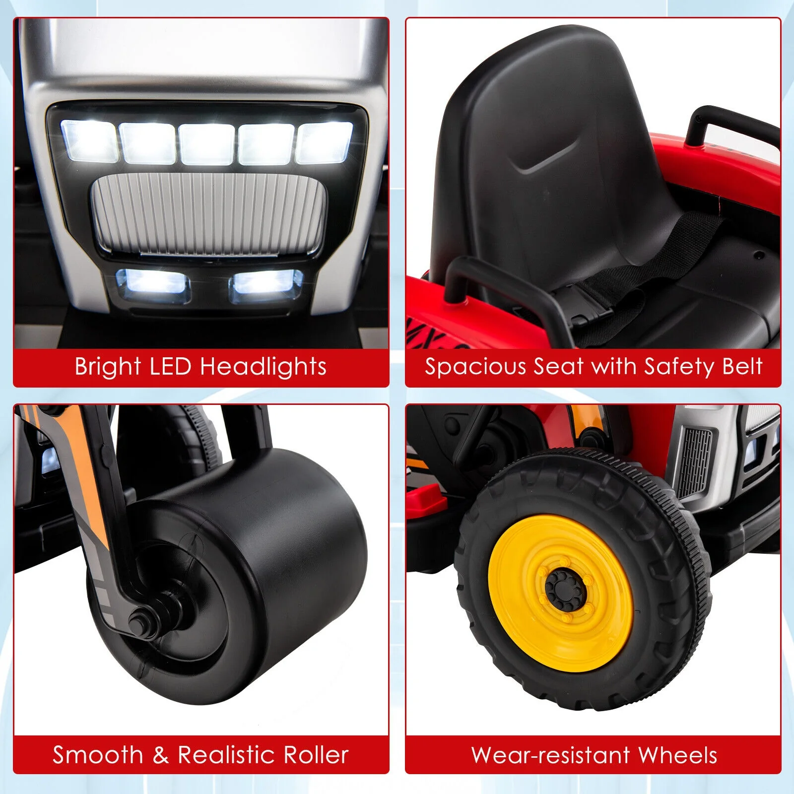 12V Kids Ride On Road Roller, 2.4G Remote Control, Red - Image 10