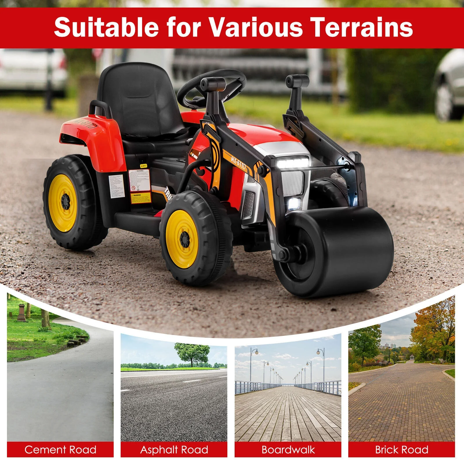 12V Kids Ride On Road Roller, 2.4G Remote Control, Red - Image 3