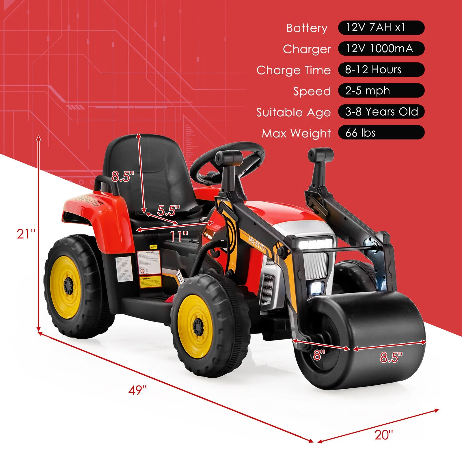 12V Kids Ride On Road Roller, 2.4G Remote Control, Red - Image 5