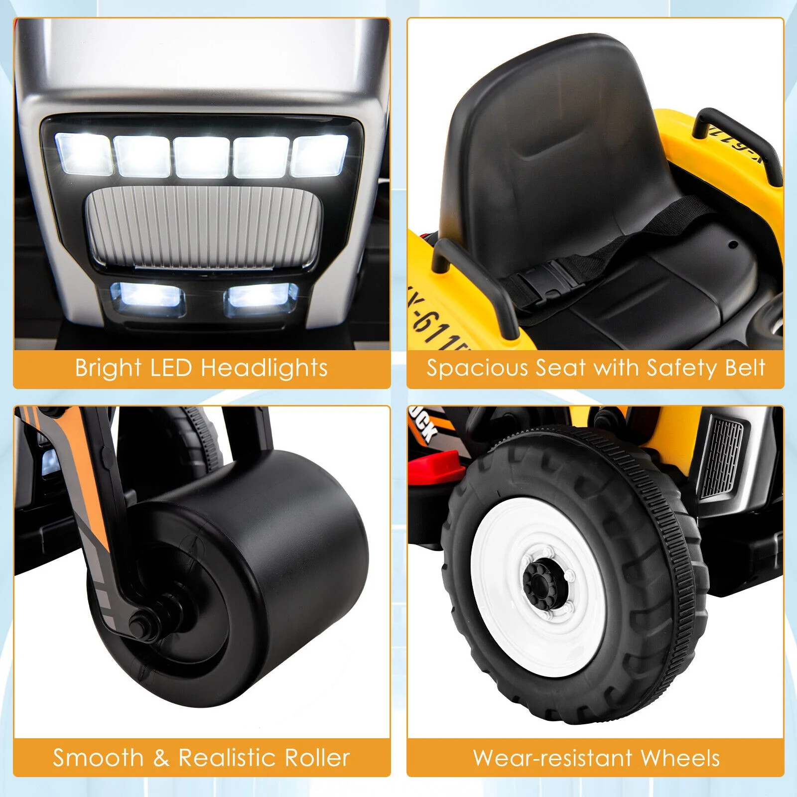 12V Kids Ride On Road Roller, 2.4G Remote Control, Yellow - Image 10