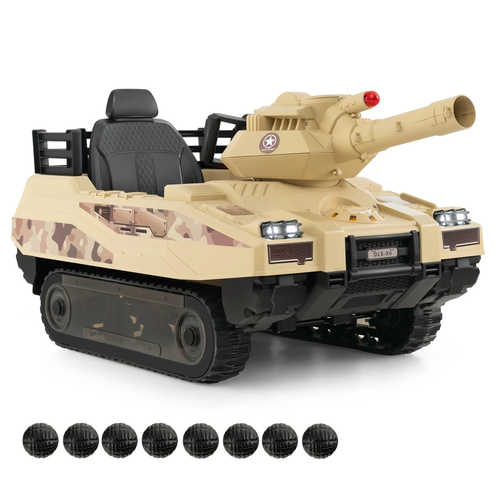12V Kids Ride On Tank, Rotatable Turret, 8 Missiles, 37-95 Months, Khaki