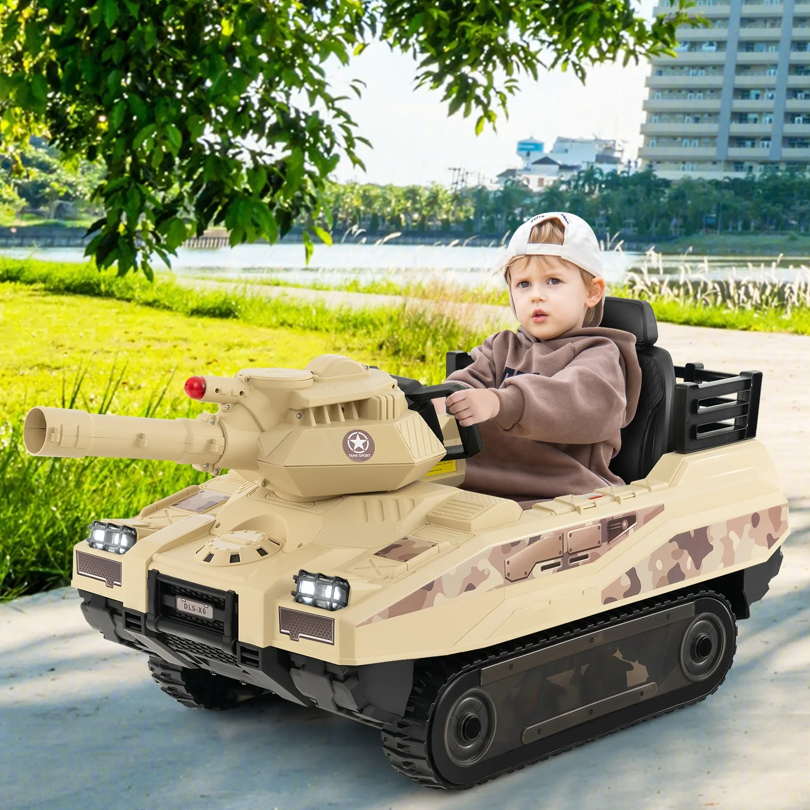 12V Kids Ride On Tank, Rotatable Turret, 8 Missiles, 37-95 Months, Khaki - Image 2