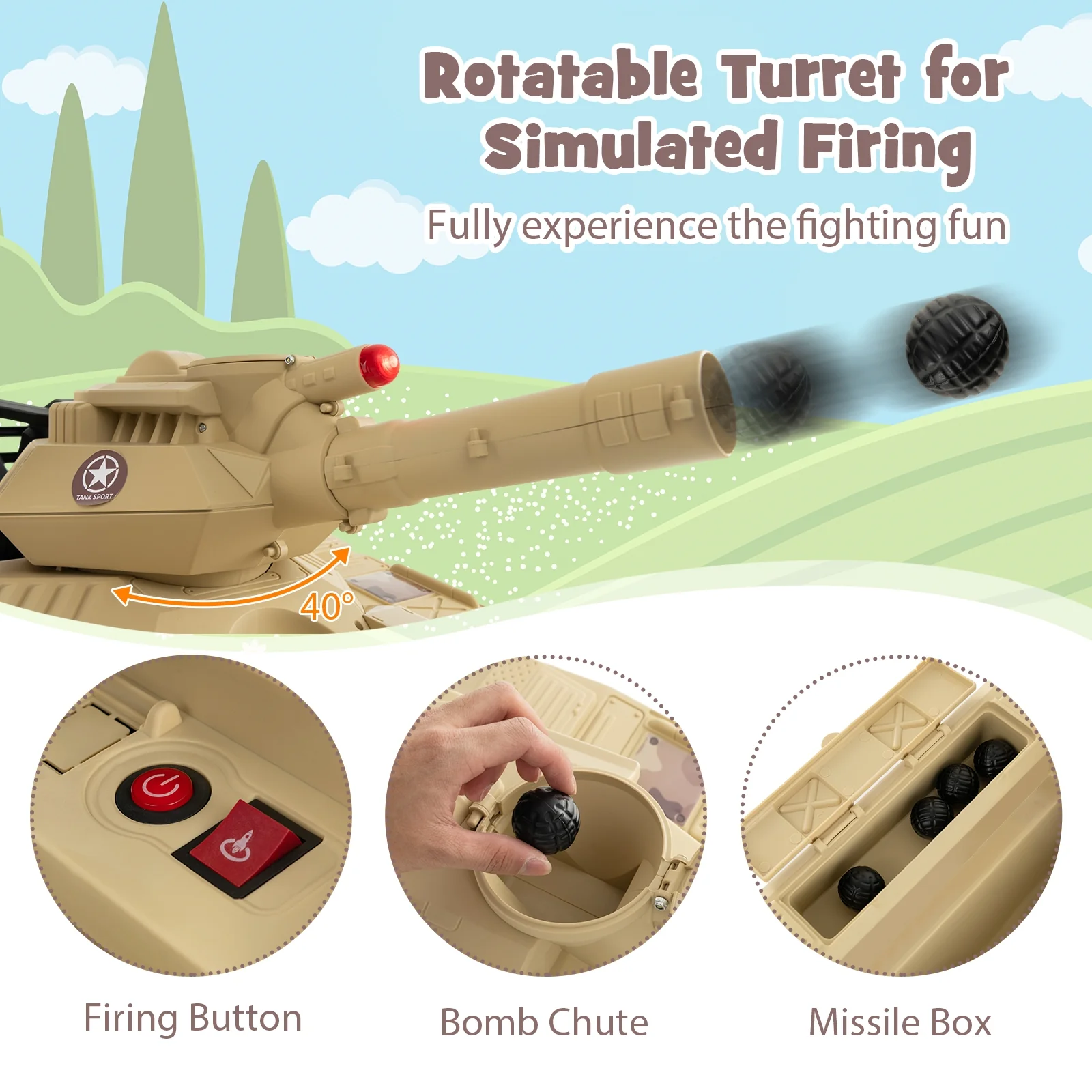 12V Kids Ride On Tank, Rotatable Turret, 8 Missiles, 37-95 Months, Khaki - Image 8
