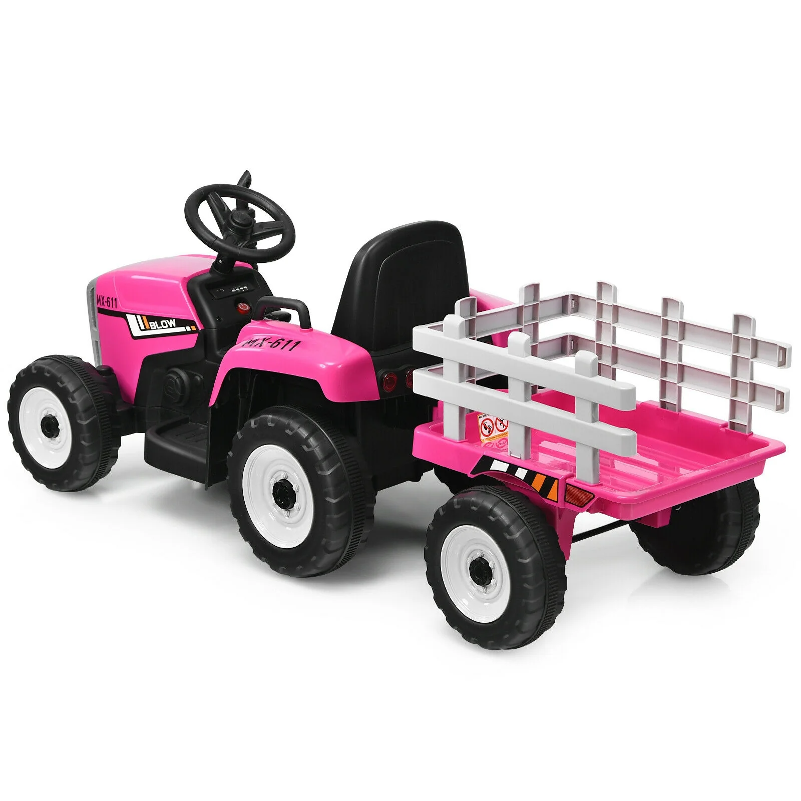 12V Kids Ride On Tractor, 3-Gear-Shift Ground Loader, Pink - Image 8