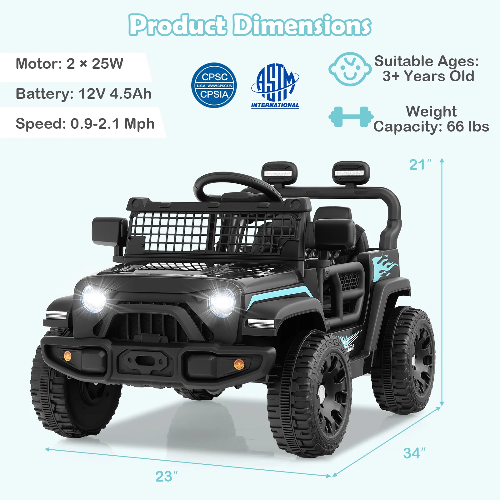 12V Kids Ride On Truck, Battery Powered Electric Vehicle, Black - Image 5