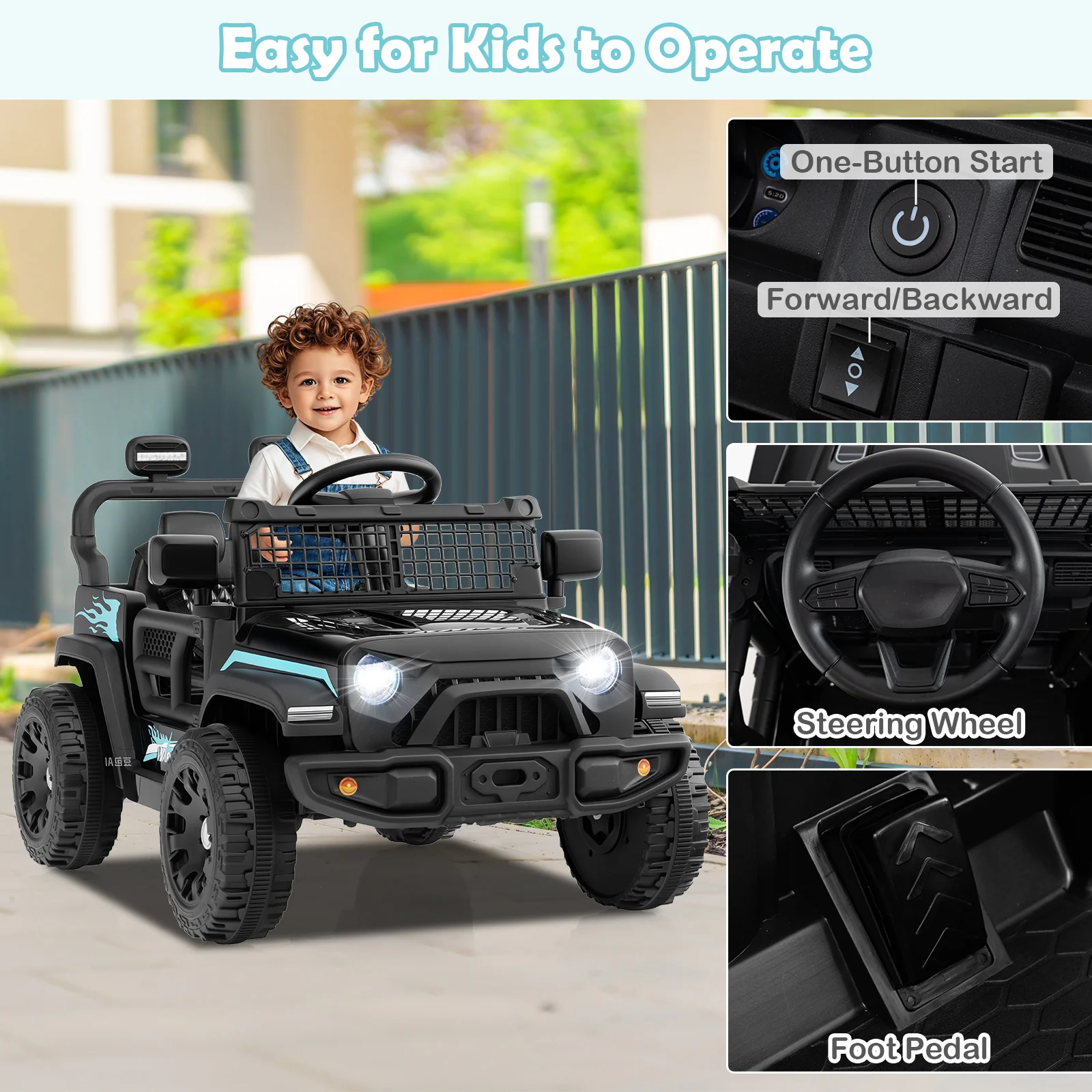 12V Kids Ride On Truck, Battery Powered Electric Vehicle, Black - Image 7