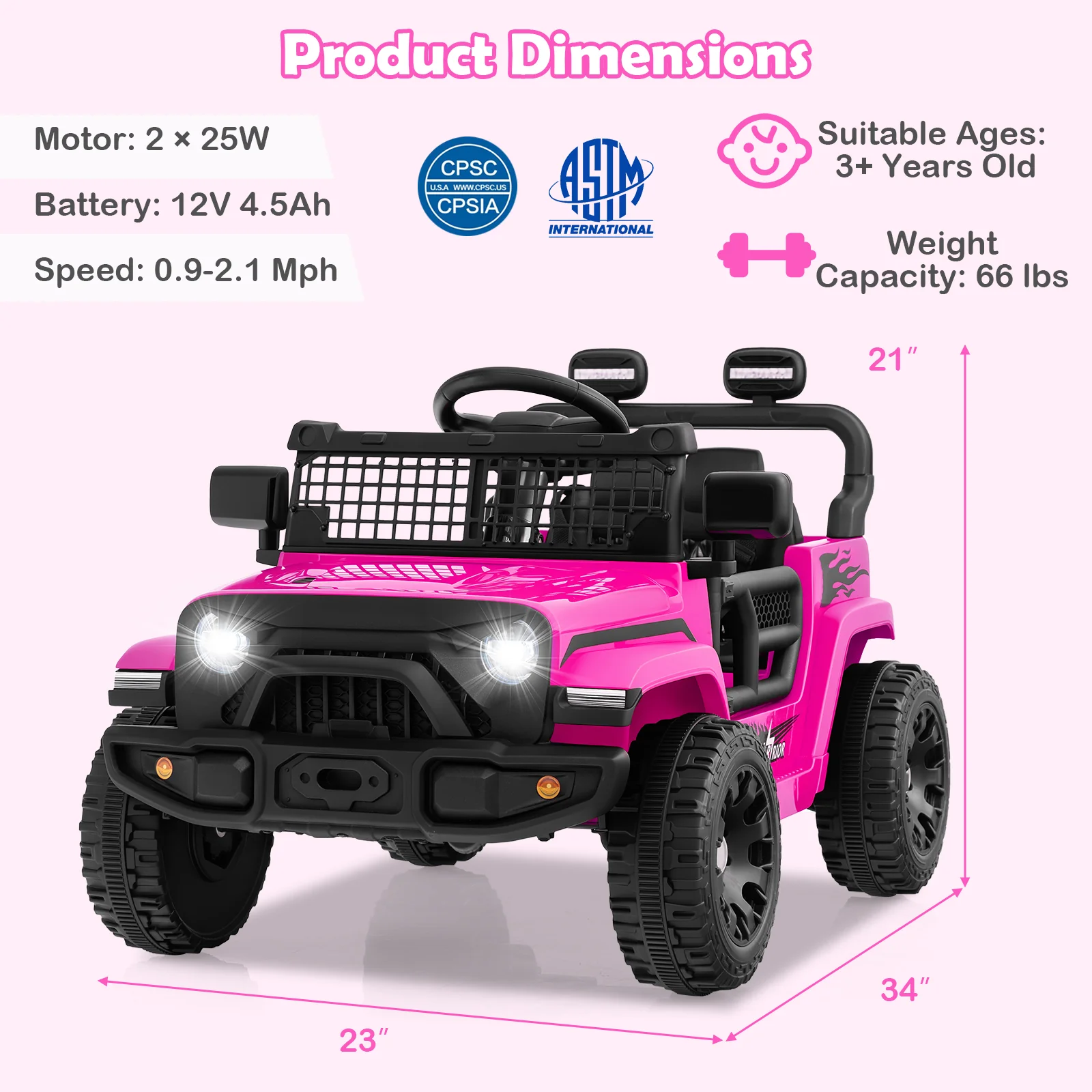 12V Kids Ride On Truck, Battery Powered Electric Vehicle, Pink - Image 5