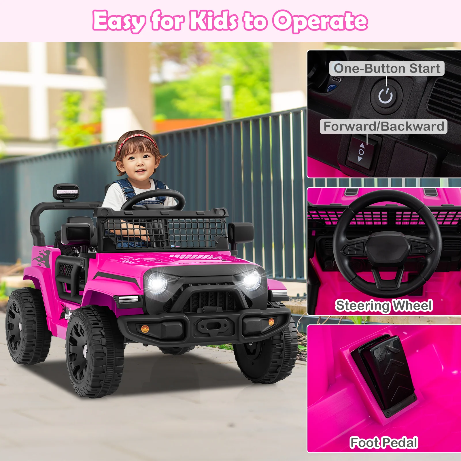 12V Kids Ride On Truck, Battery Powered Electric Vehicle, Pink - Image 7
