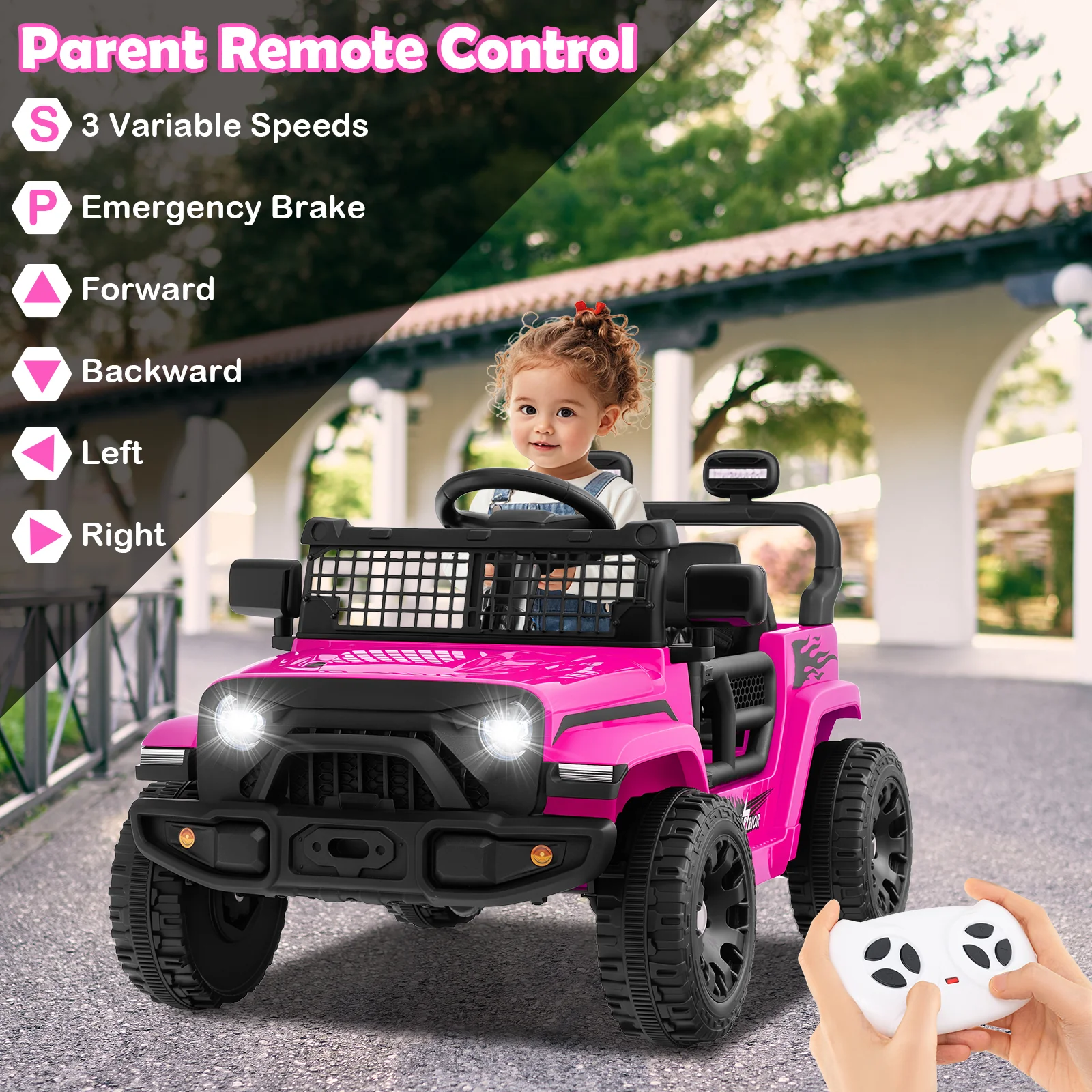 12V Kids Ride On Truck, Battery Powered Electric Vehicle, Pink - Image 8