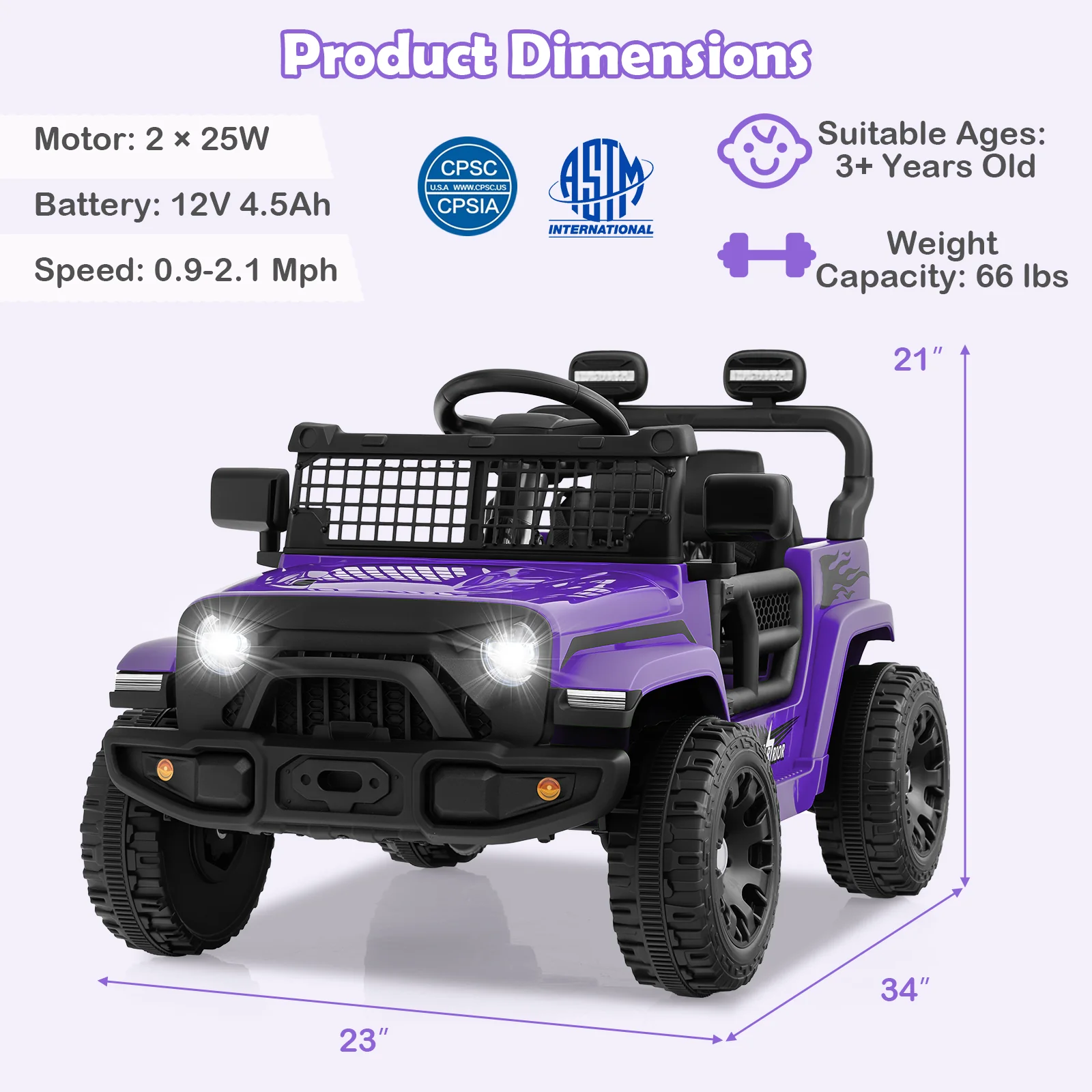 12V Kids Ride On Truck, Battery Powered Electric Vehicle, Purple - Image 5