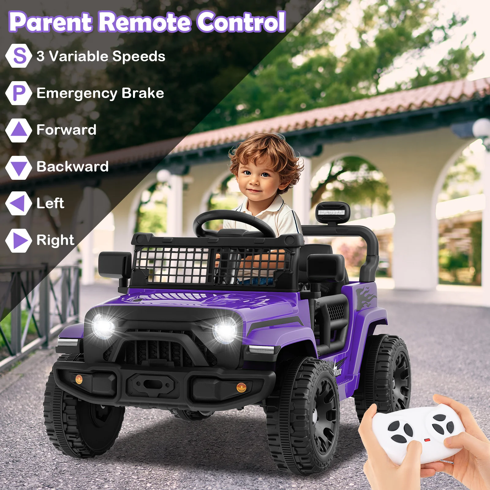 12V Kids Ride On Truck, Battery Powered Electric Vehicle, Purple - Image 7