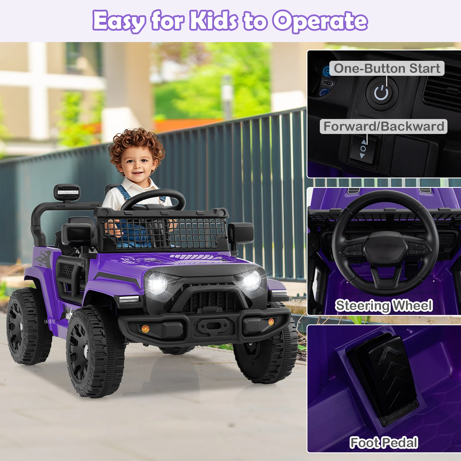 12V Kids Ride On Truck, Battery Powered Electric Vehicle, Purple - Image 8