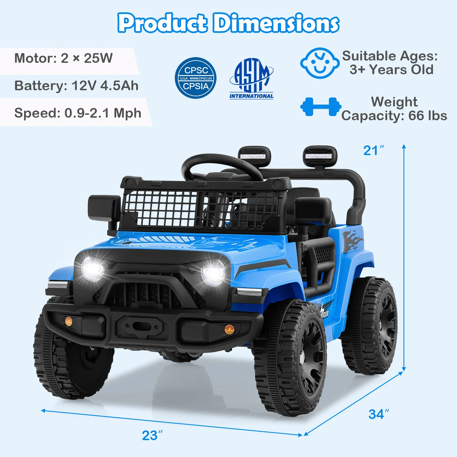 12V Kids Ride On Truck Car, Battery Powered Electric Vehicle, Navy - Image 5