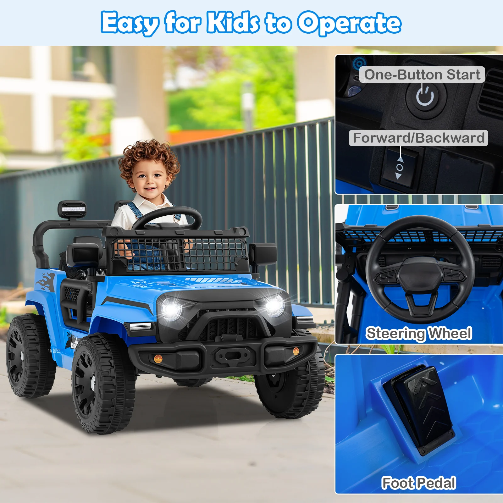 12V Kids Ride On Truck Car, Battery Powered Electric Vehicle, Navy - Image 8