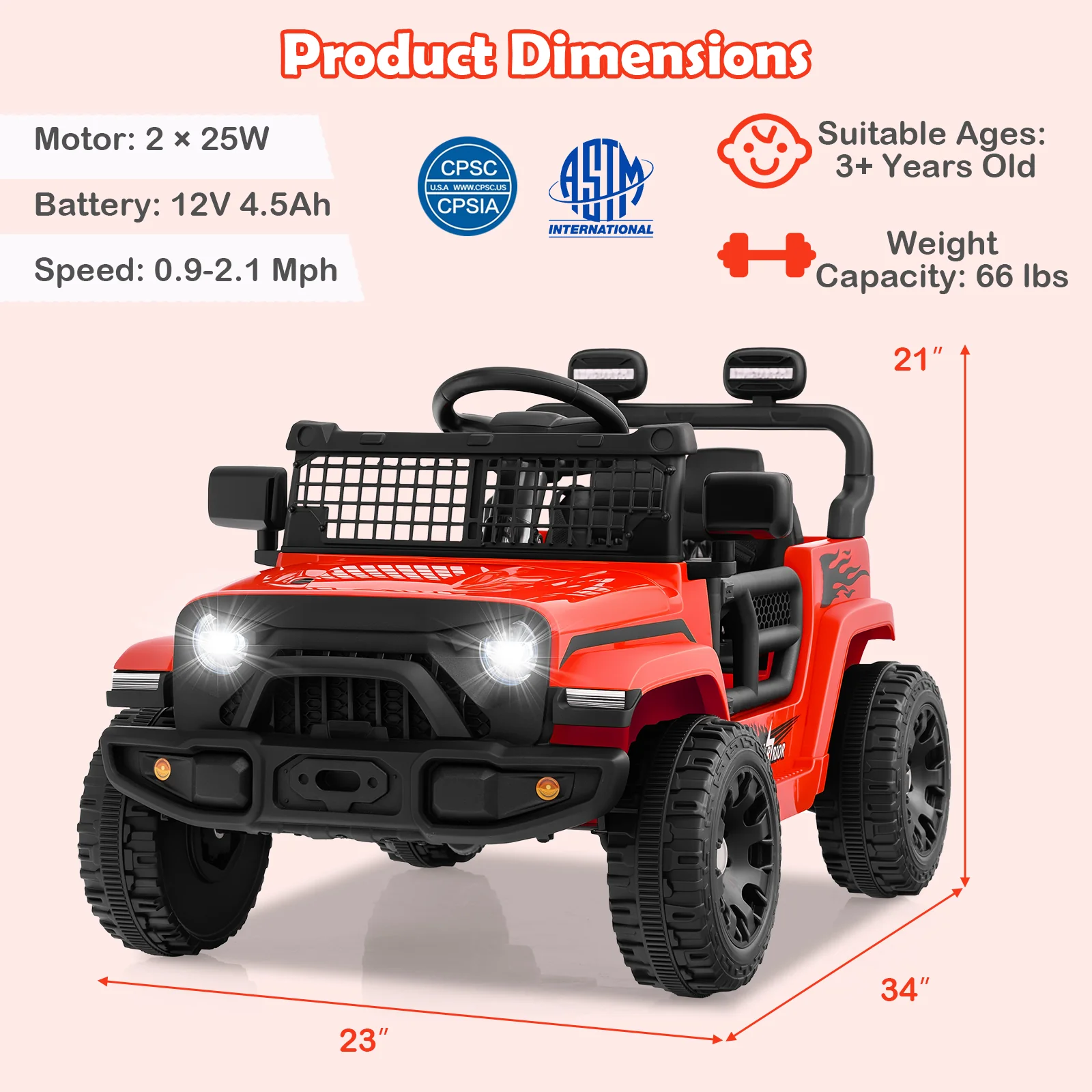 12V Kids Ride On Truck Car, Battery Powered Electric Vehicle, Red - Image 5