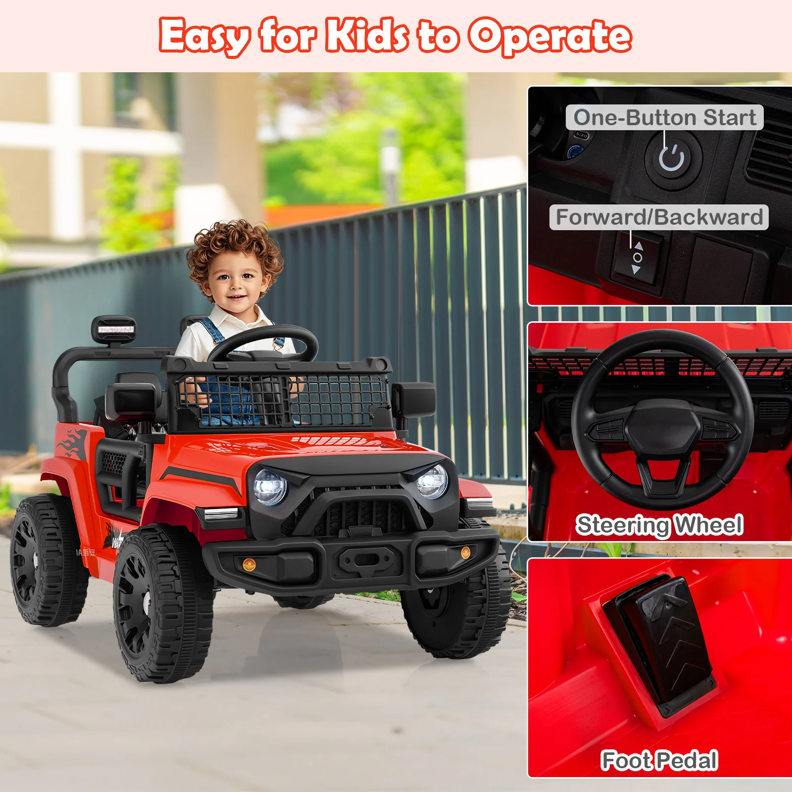 12V Kids Ride On Truck Car, Battery Powered Electric Vehicle, Red - Image 9