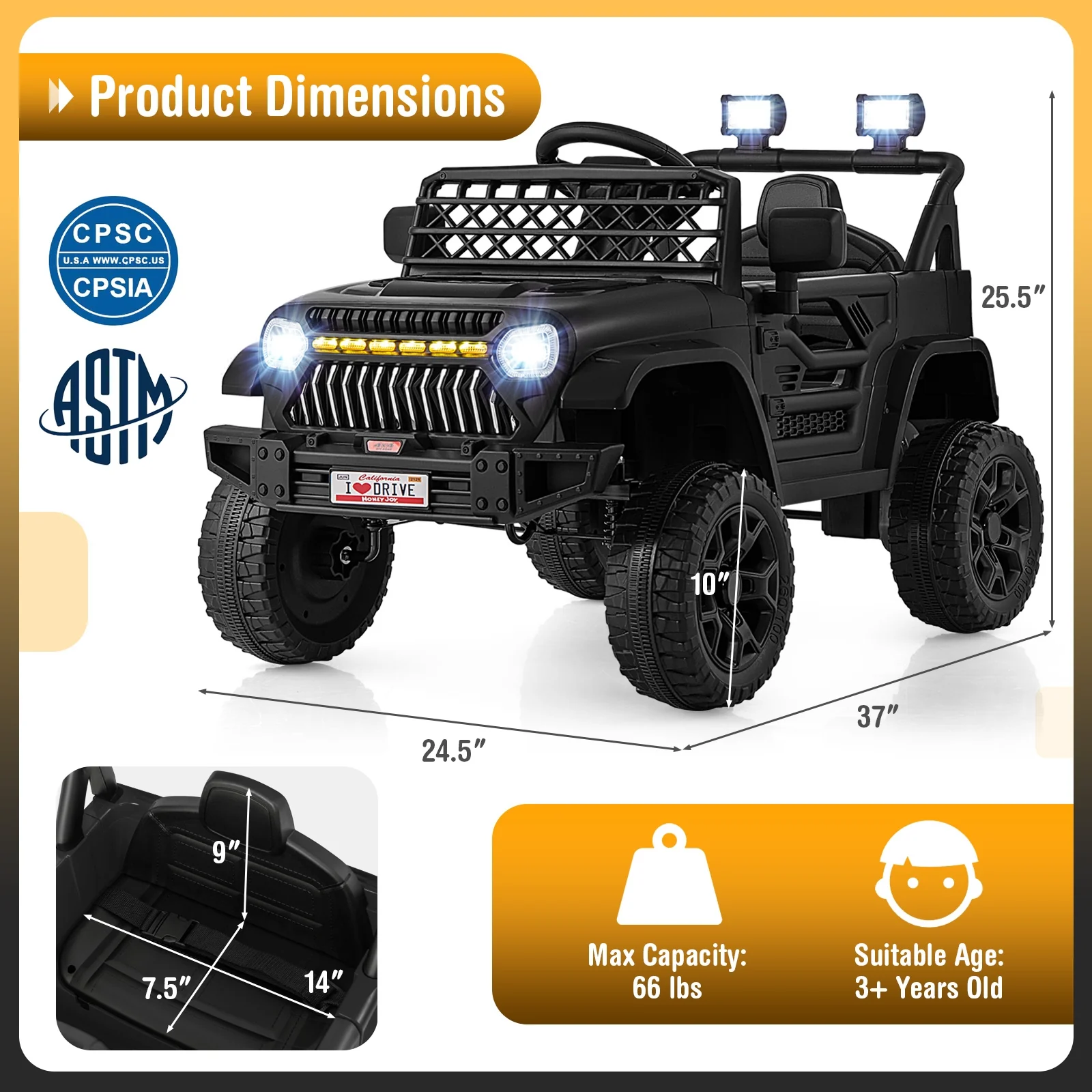 12V Kids Ride On Truck Car, Parental Remote, Music Player, Black - Image 5