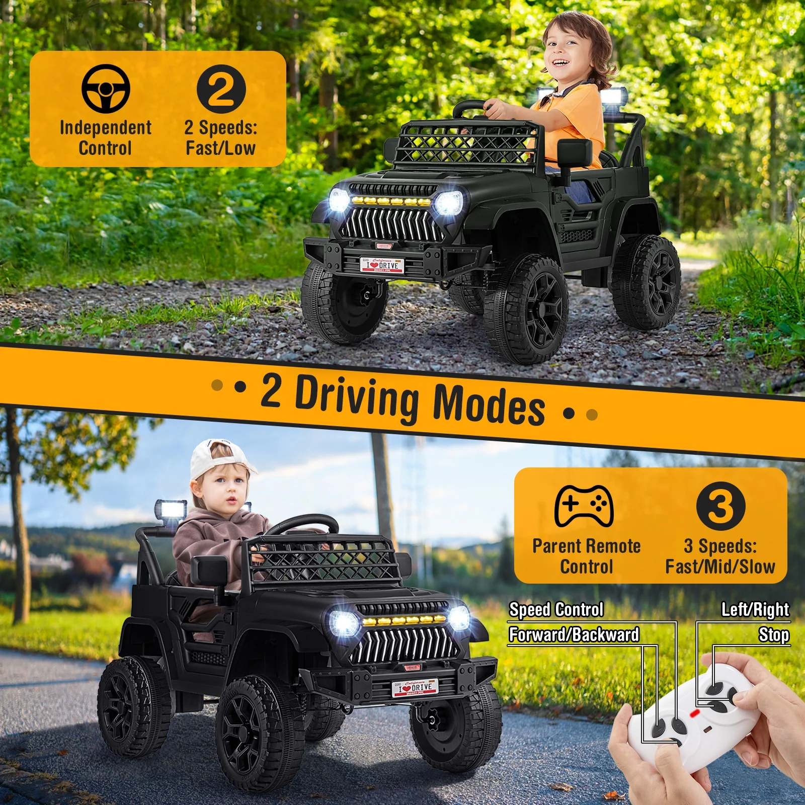 12V Kids Ride On Truck Car, Parental Remote, Music Player, Black - Image 7