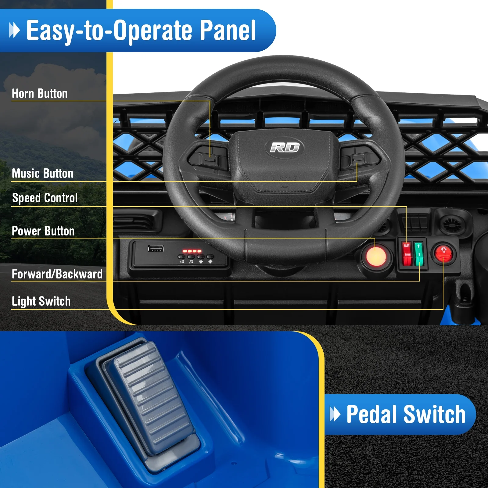 12V Kids Ride On Truck Car, Parental Remote, Music Player, Navy - Image 10