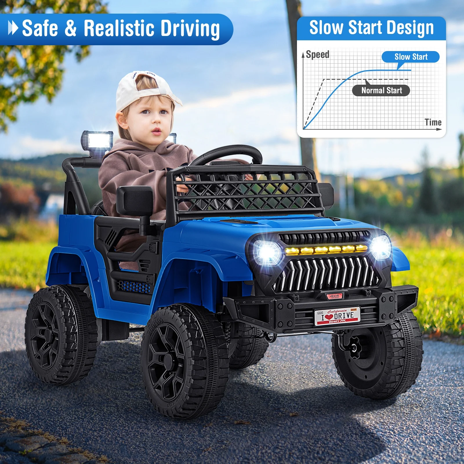 12V Kids Ride On Truck Car, Parental Remote, Music Player, Navy - Image 7