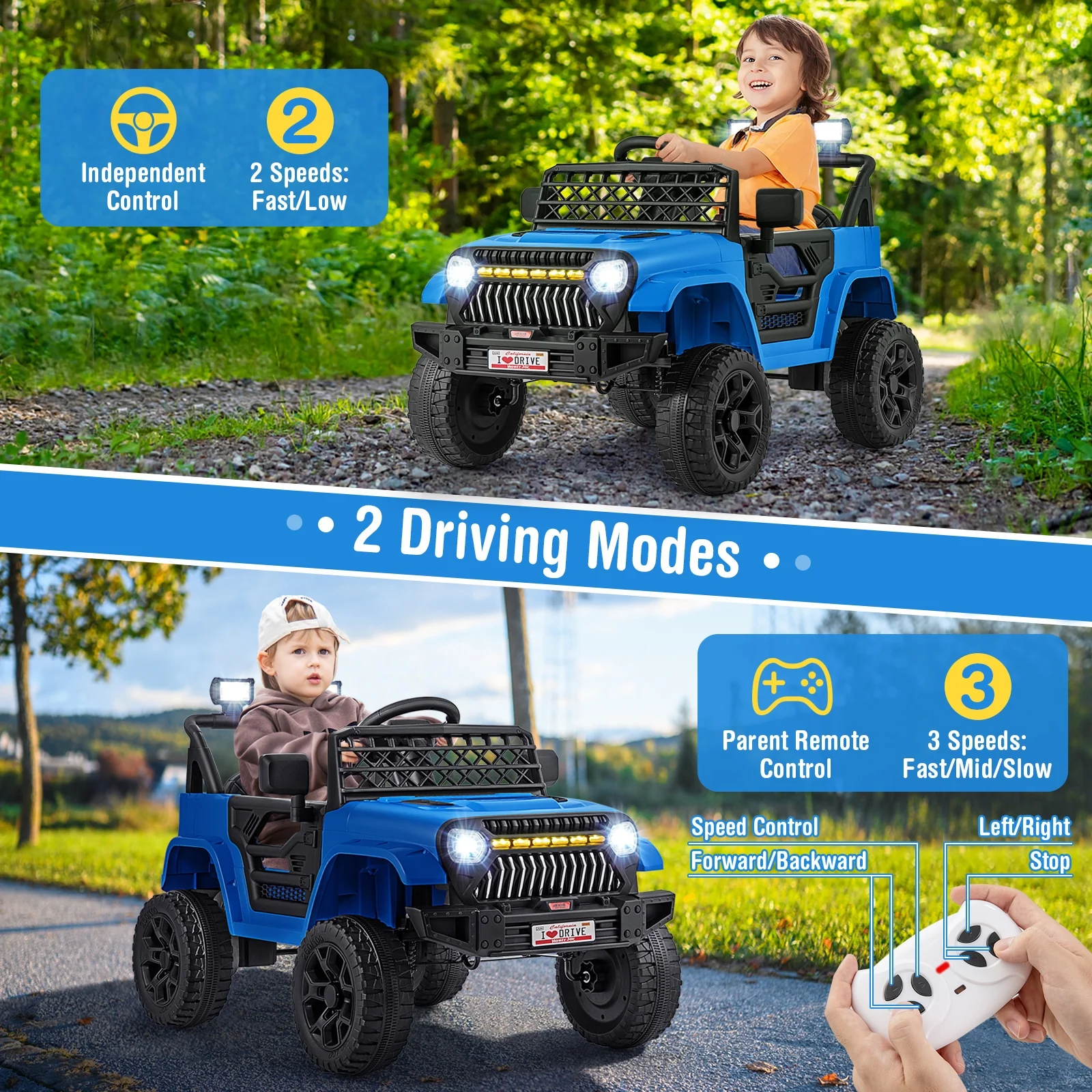12V Kids Ride On Truck Car, Parental Remote, Music Player, Navy - Image 8