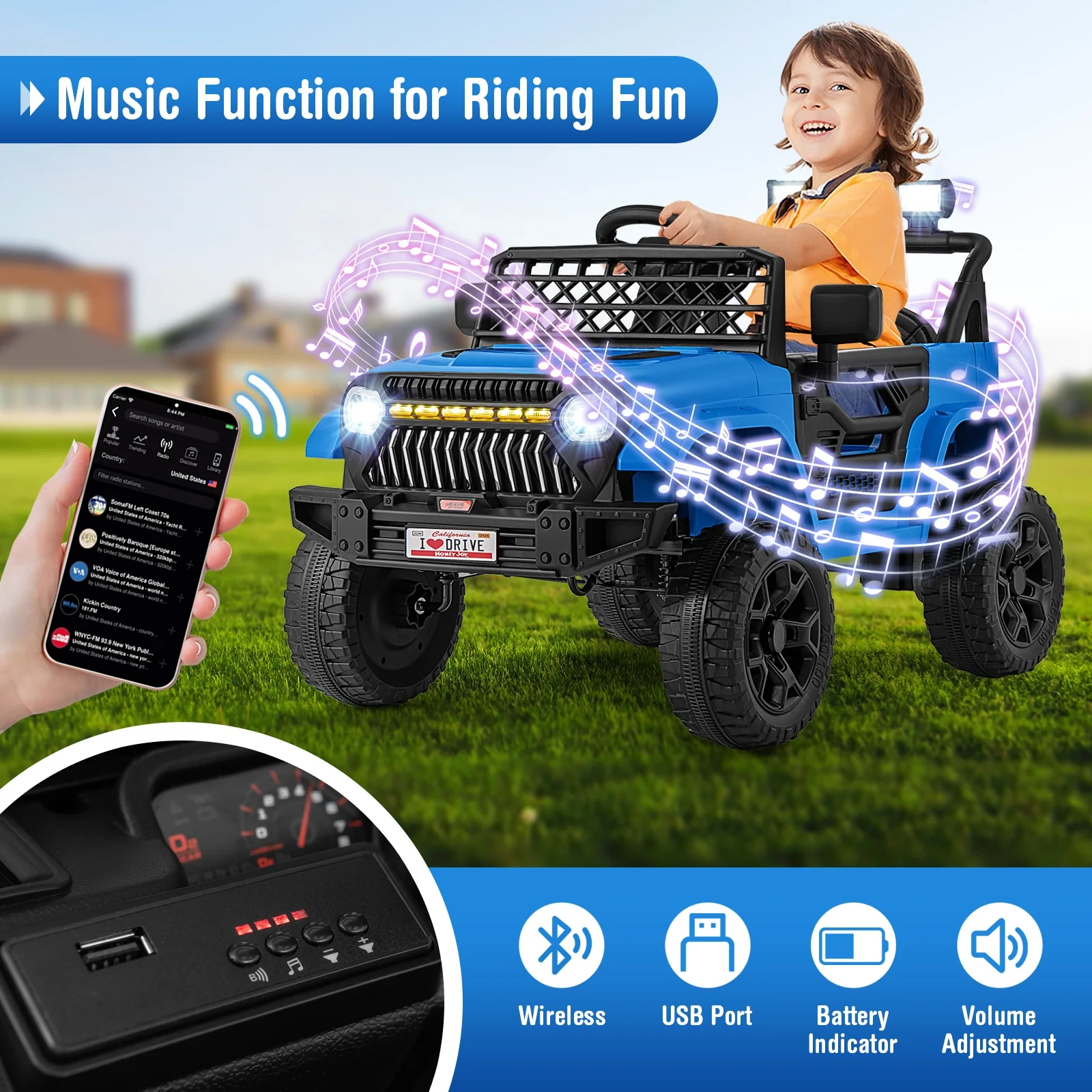 12V Kids Ride On Truck Car, Parental Remote, Music Player, Navy - Image 9
