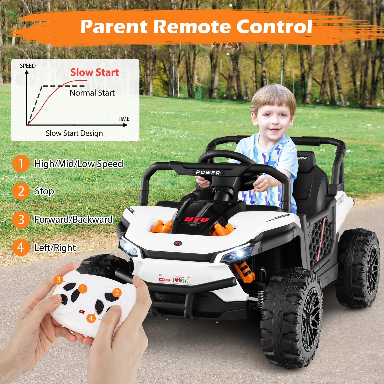 12V Kids Ride On Truck, Off-Road UTV, With Remote And Lights, White - Image 16