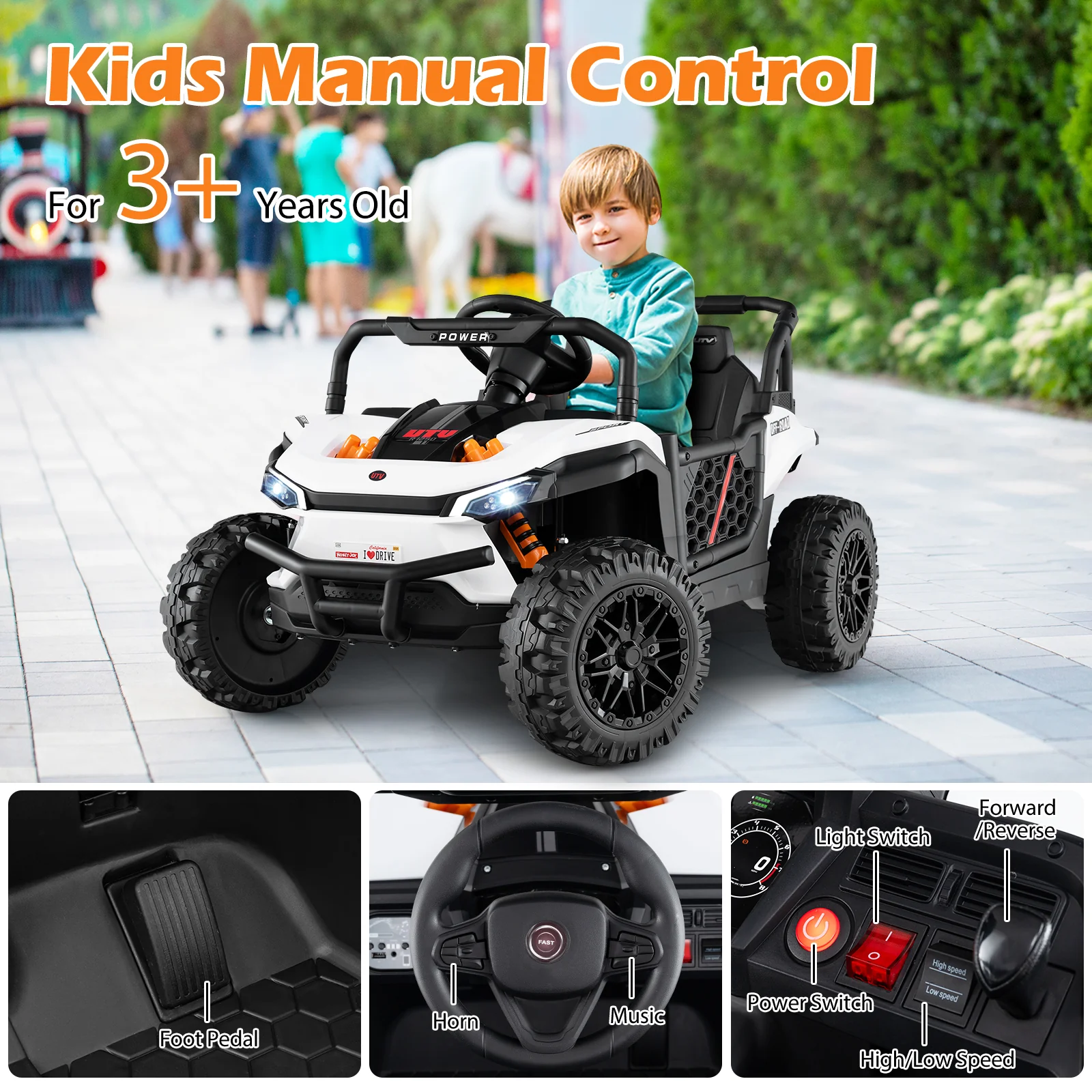 12V Kids Ride On Truck, Off-Road UTV, With Remote And Lights, White - Image 8