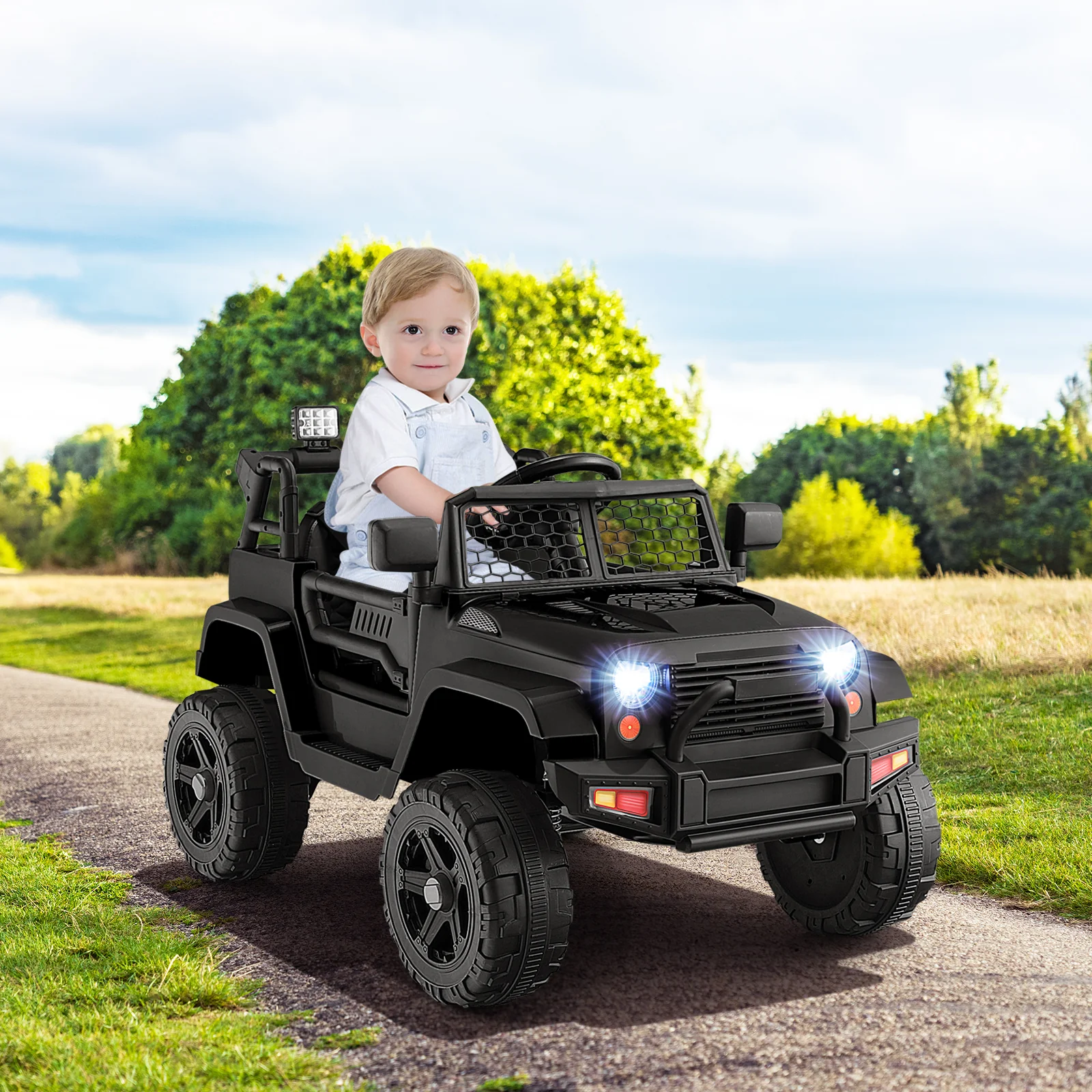 12V Kids Ride On Truck, Remote Control, Headlights, Black - Image 3