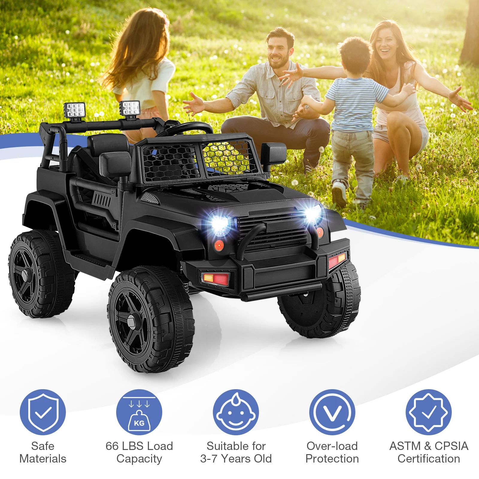 12V Kids Ride On Truck, Remote Control, Headlights, Black - Image 6
