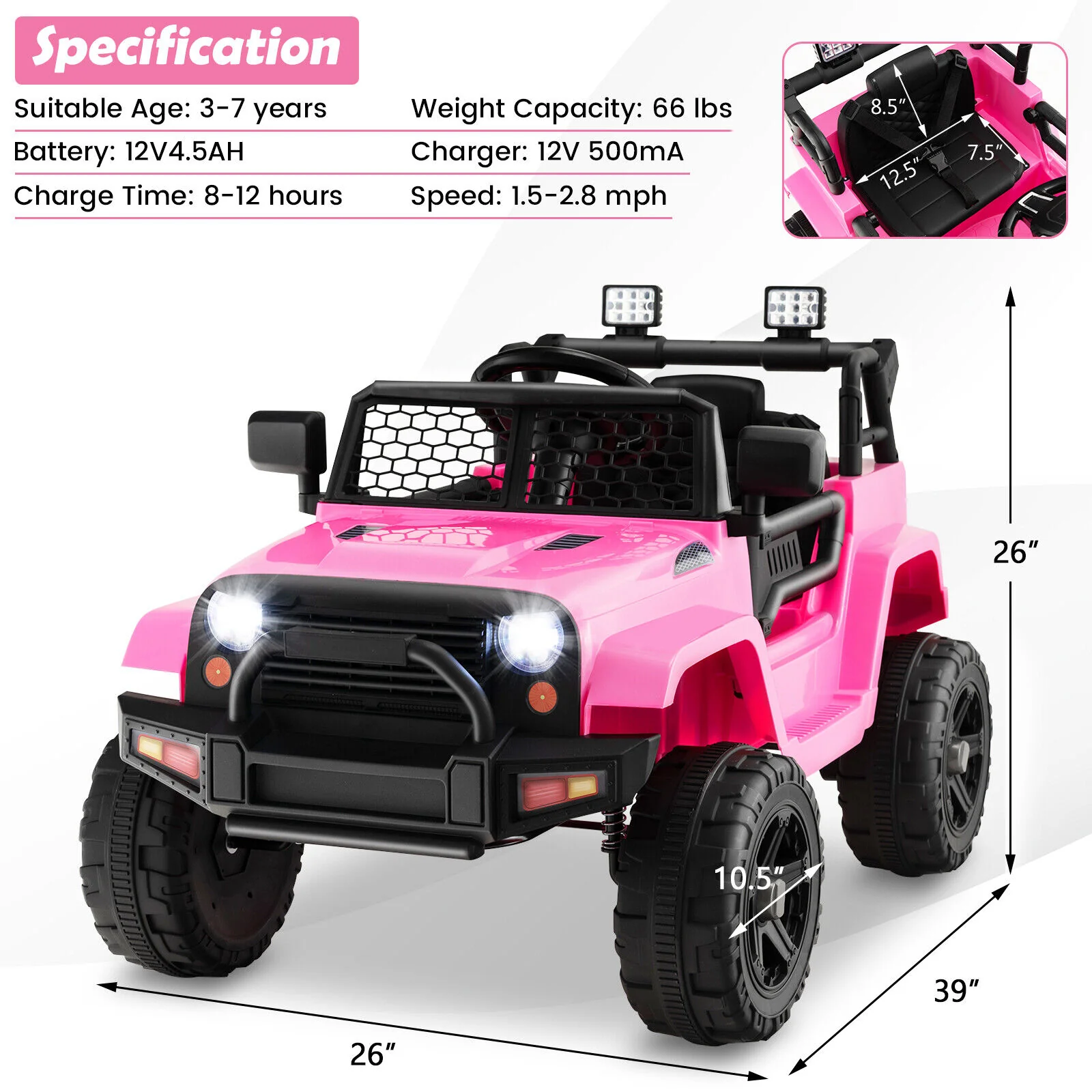 12V Kids Ride On Truck, Remote Control, Headlights, Pink - Image 5