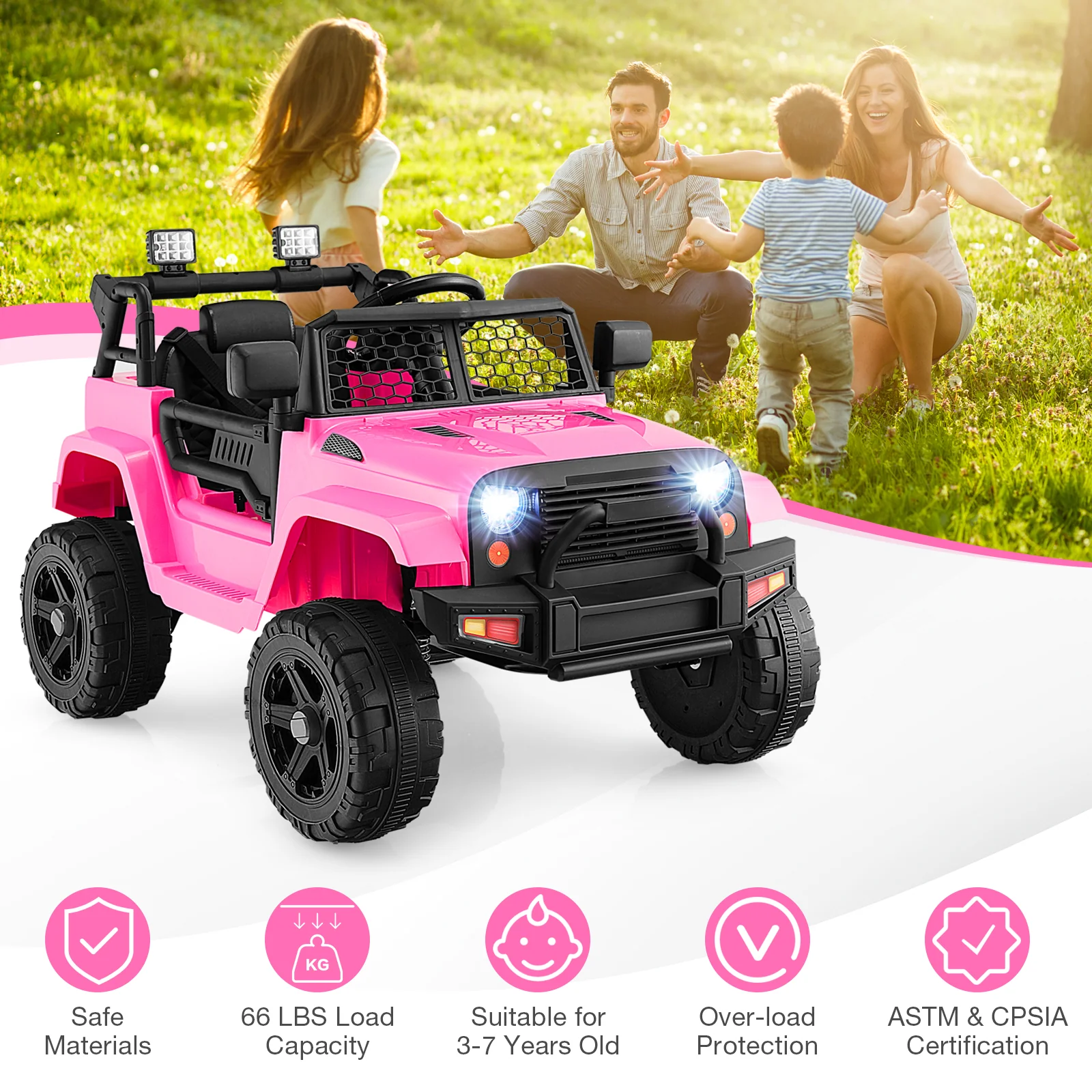 12V Kids Ride On Truck, Remote Control, Headlights, Pink - Image 6