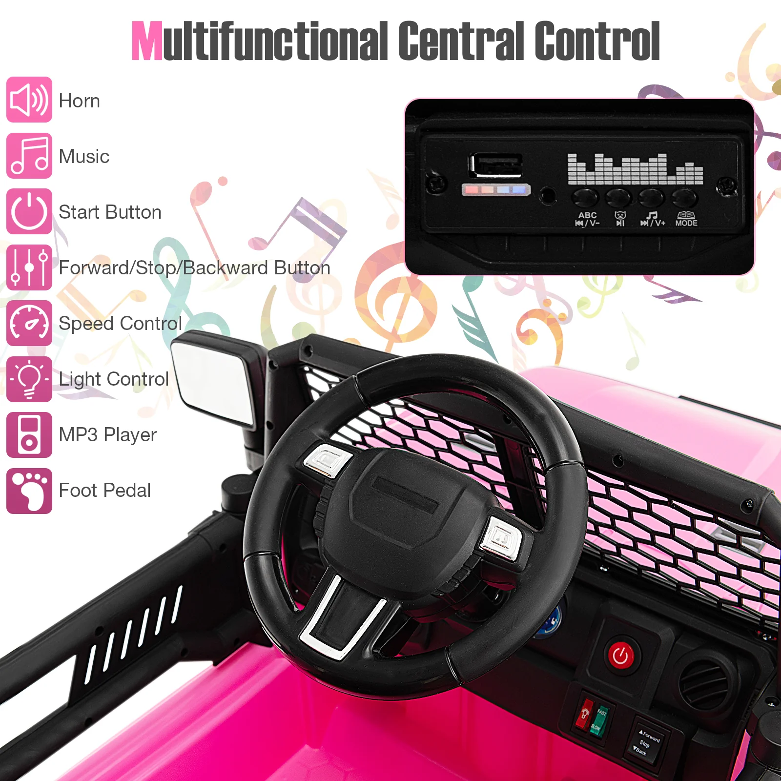 12V Kids Ride On Truck, Remote Control, Headlights, Pink - Image 7
