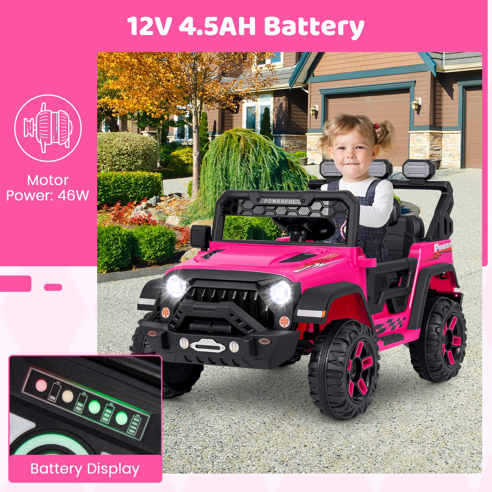 12V Kids Ride On Truck, Remote Control, Music, Pink - Image 7