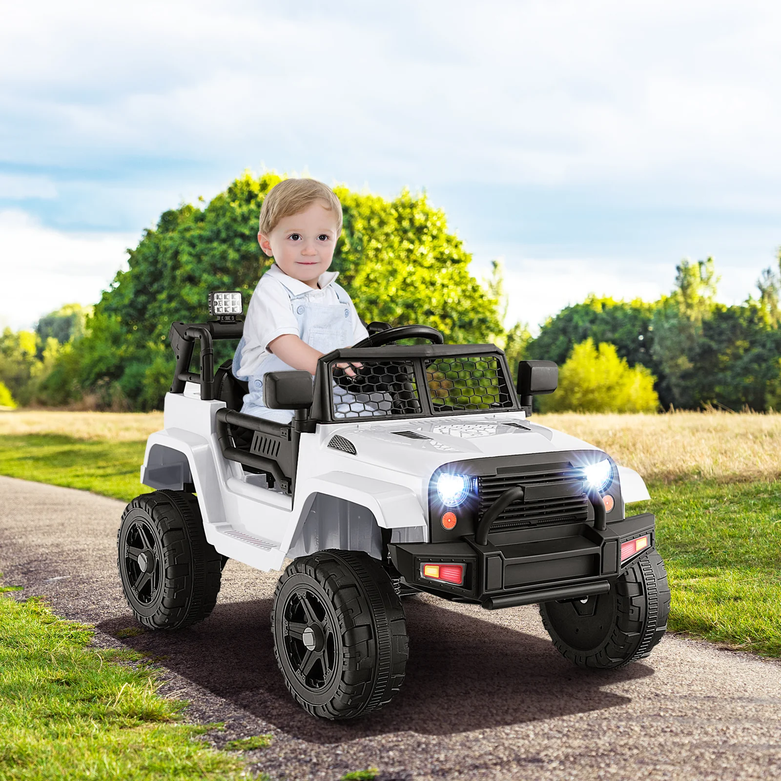12V Kids Ride On Truck With Remote Control, Headlights, White - Image 3