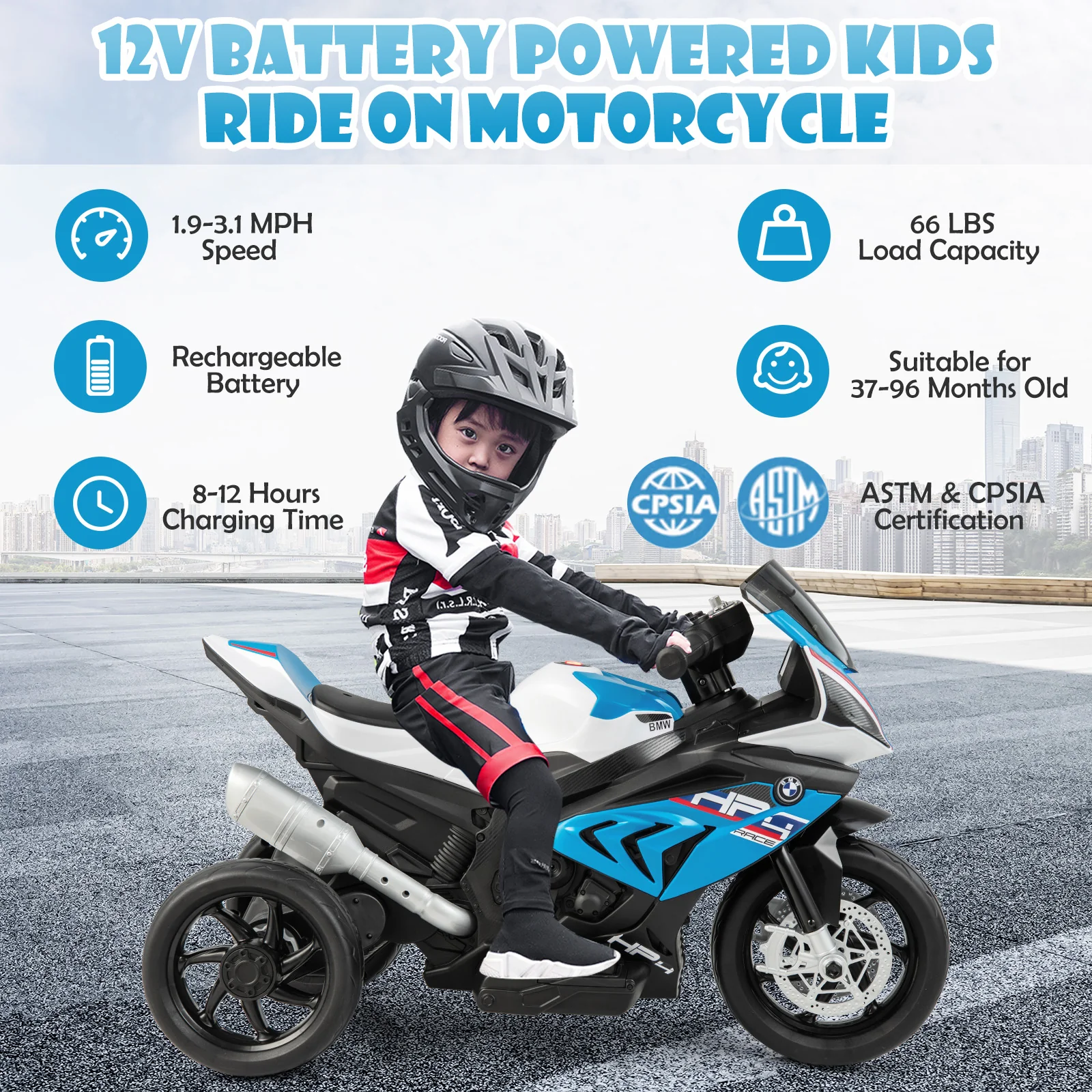 12V Licensed BMW Kids Motorcycle Ride-On Toy, 37-96 Months, Blue - Image 6